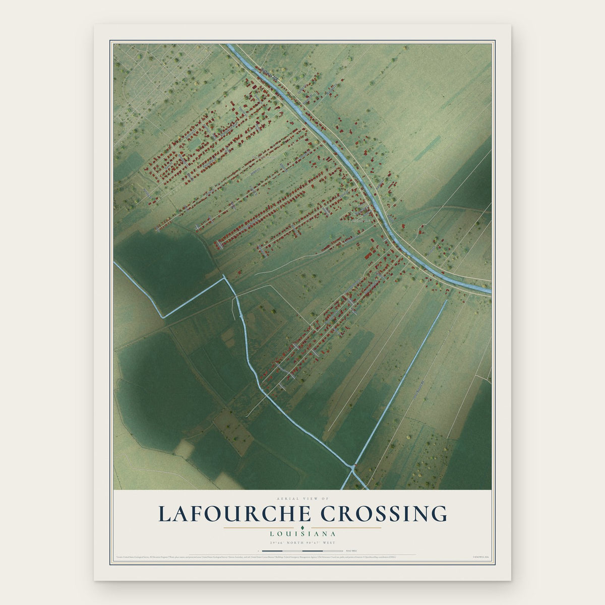 Lafourche Crossing, Louisiana map print, the full design