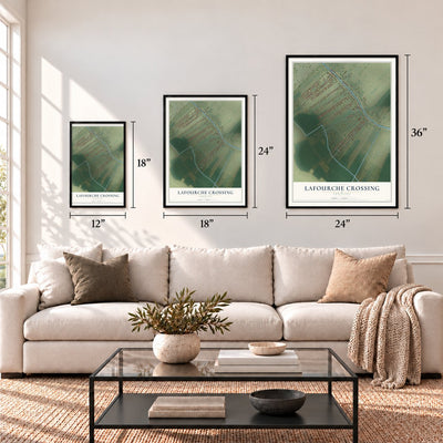Lafourche Crossing, Louisiana map in 12 x 18, 18 x 24 and 24 x 36 inch sizes above a sofa