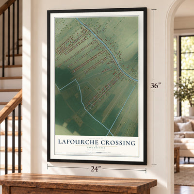 Lafourche Crossing, Louisiana map, 24 x 36 inch print in a black frame by a staircase