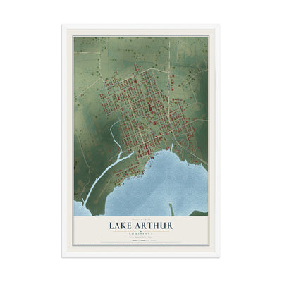 Map of Lake Arthur, Louisiana, 12 x 18 inch print in a white wood frame