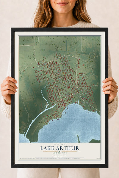 Map of Lake Arthur, Louisiana, 18 x 24 inch print in a black wood frame