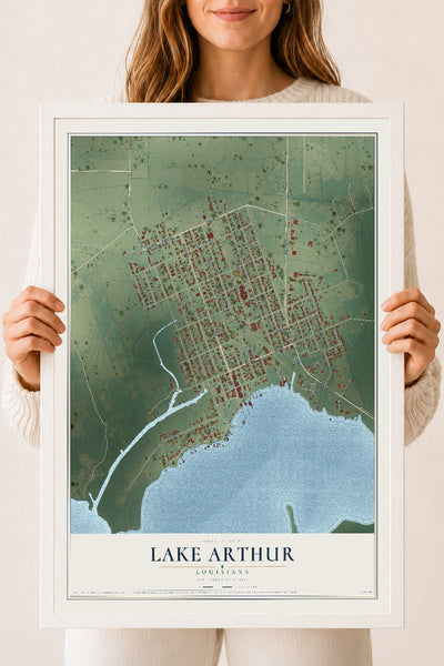 Map of Lake Arthur, Louisiana, 18 x 24 inch print in a white wood frame