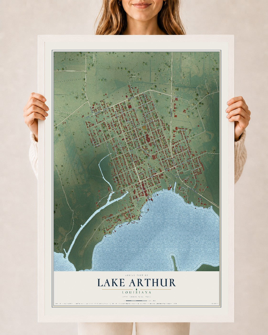 Map of Lake Arthur, Louisiana, 24 x 36 inch print in a white wood frame
