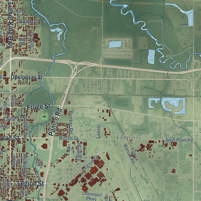 Second close-up of the map of Lake Charles, Louisiana print showing more streets and buildings