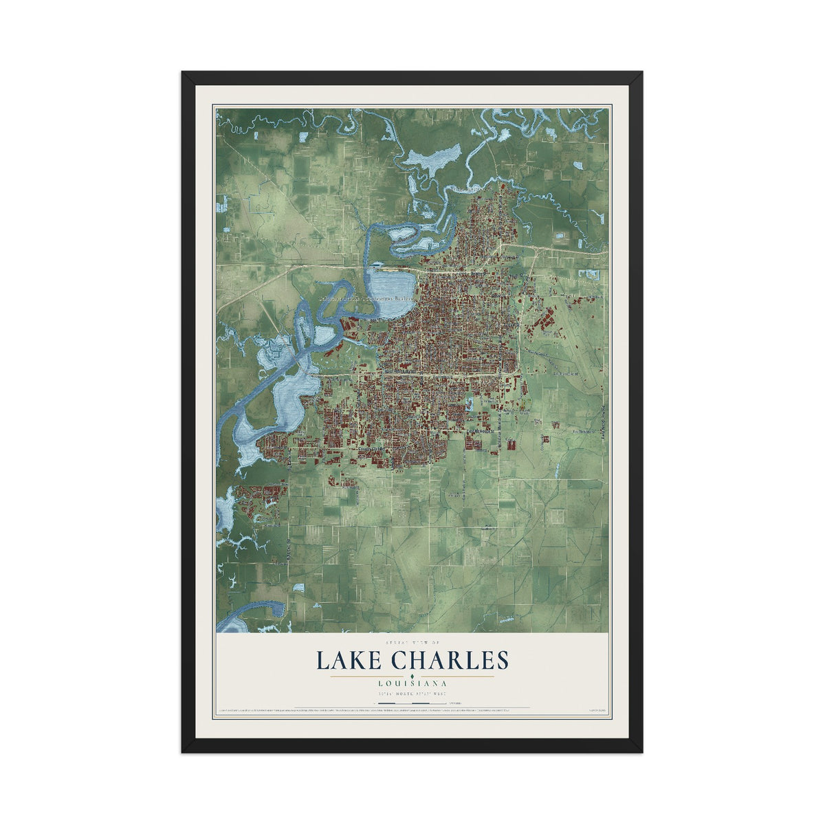 Map of Lake Charles, Louisiana, 12 x 18 inch print in a black wood frame