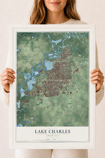 Map of Lake Charles, Louisiana, 18 x 24 inch print in a white wood frame