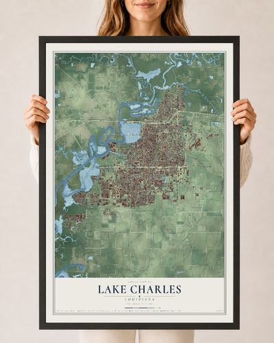 Map of Lake Charles, Louisiana, 24 x 36 inch print in a black wood frame