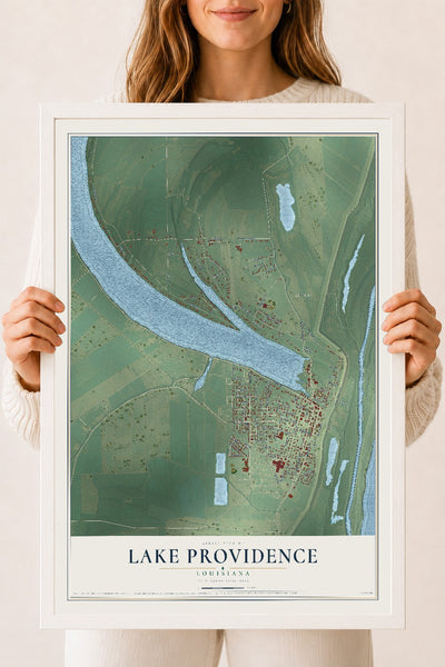 Map of Lake Providence, Louisiana, 18 x 24 inch print in a white wood frame