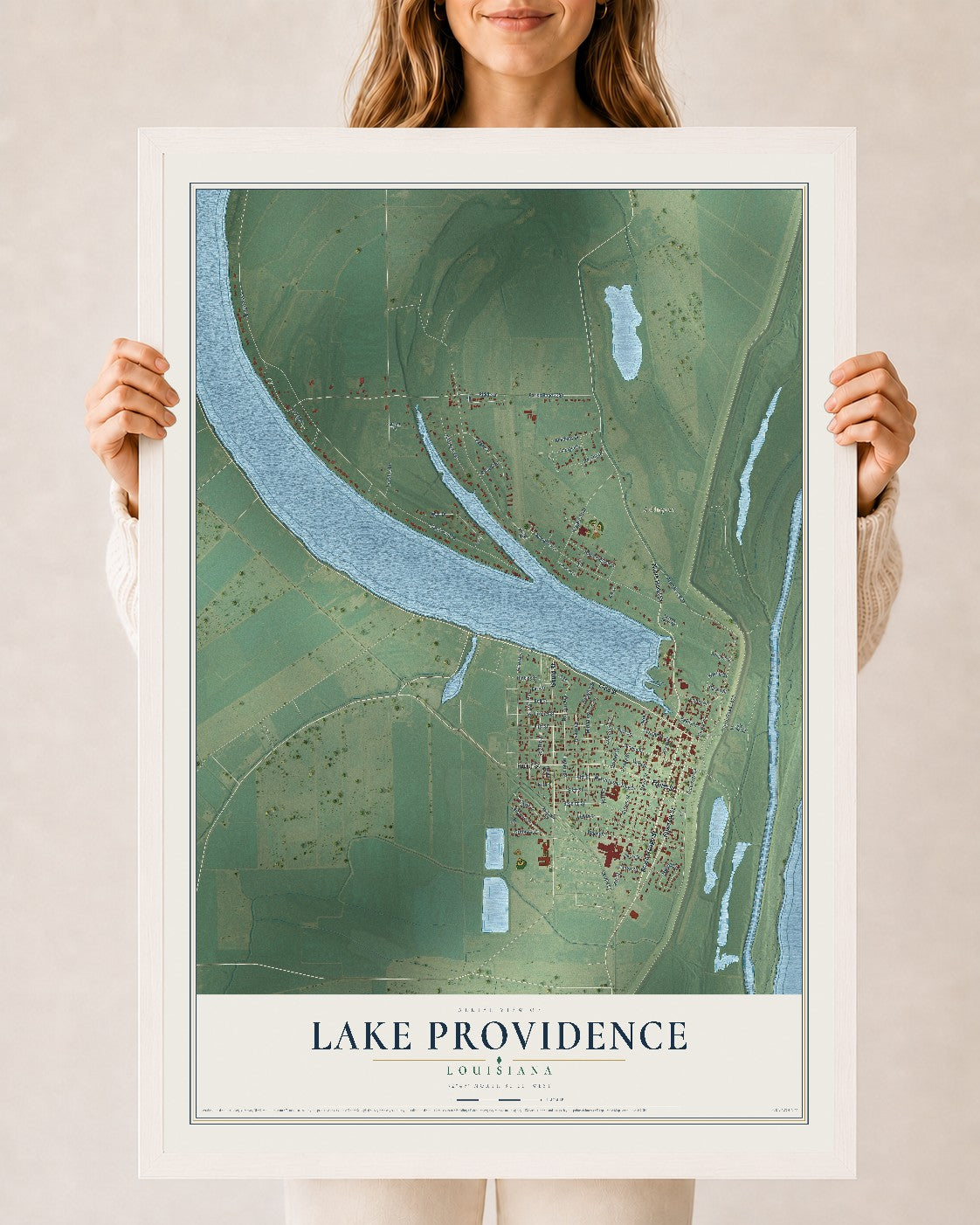 Map of Lake Providence, Louisiana, 24 x 36 inch print in a white wood frame