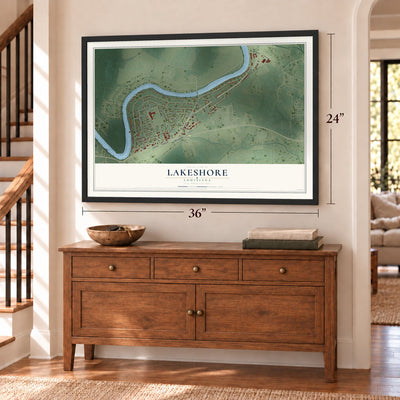 Lakeshore, Louisiana map, 24 x 36 inch print in a black frame above a dresser by a staircase
