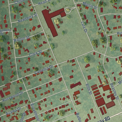 Close-up of the map of Lakeshore, Louisiana print showing street and building detail