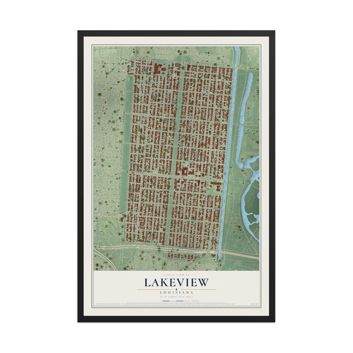 Map of Lakeview, Louisiana, 12 x 18 inch print in a black wood frame