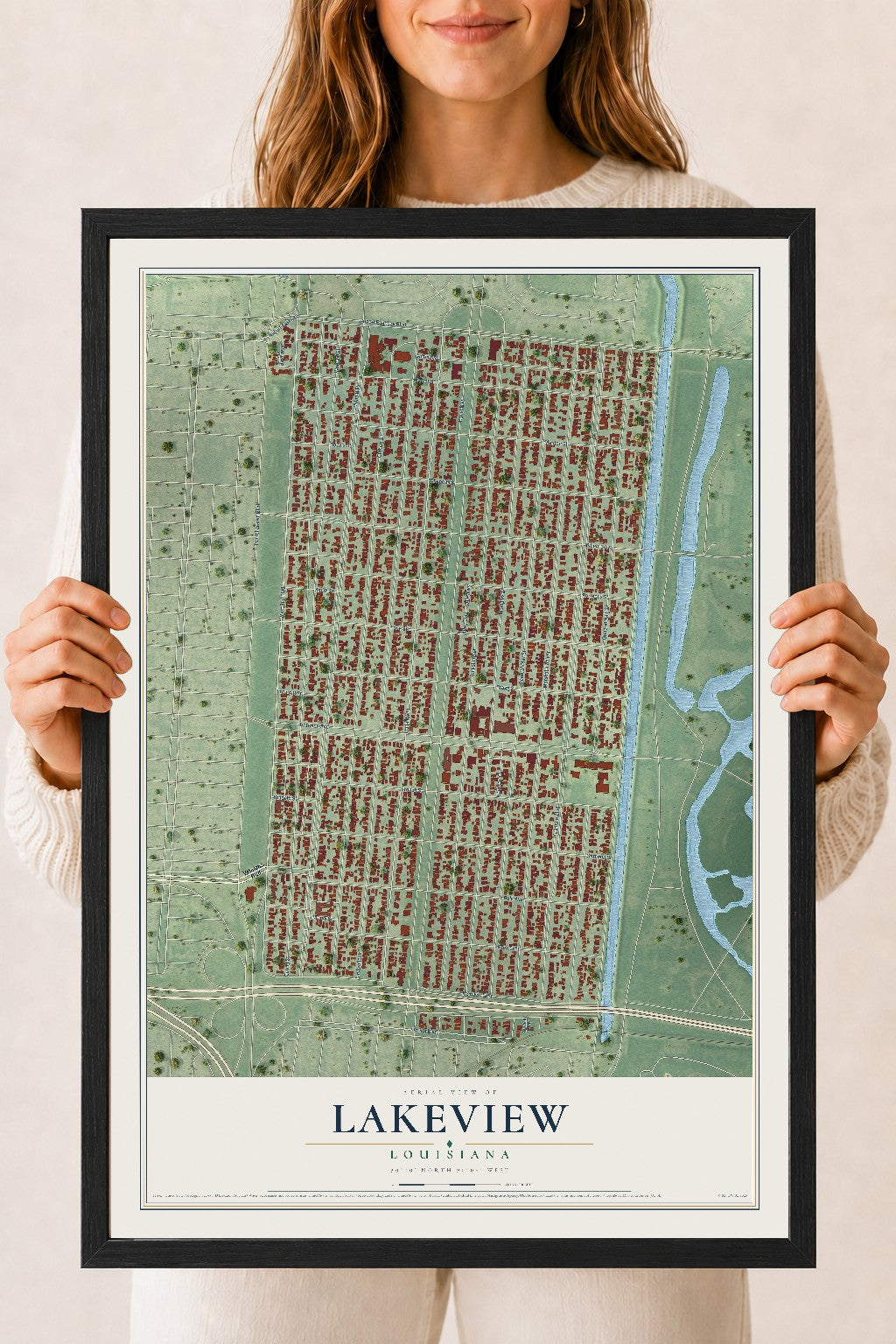 Map of Lakeview, Louisiana, 18 x 24 inch print in a black wood frame