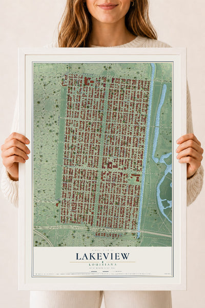 Map of Lakeview, Louisiana, 18 x 24 inch print in a white wood frame
