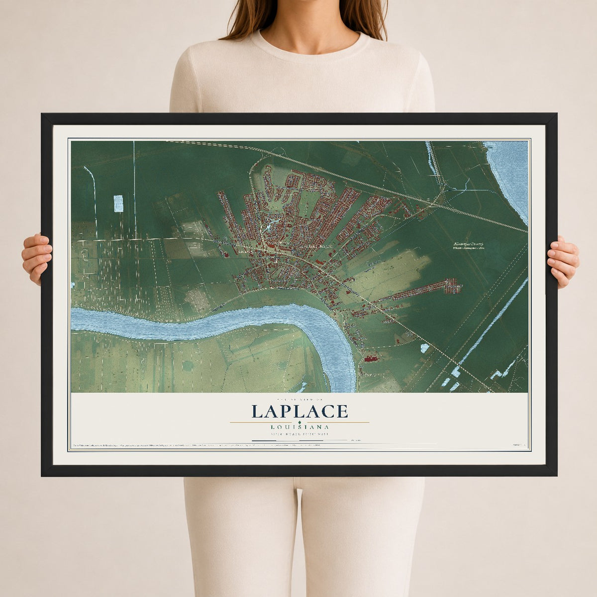 Map of Laplace, Louisiana, 24 x 36 inch print in a black wood frame