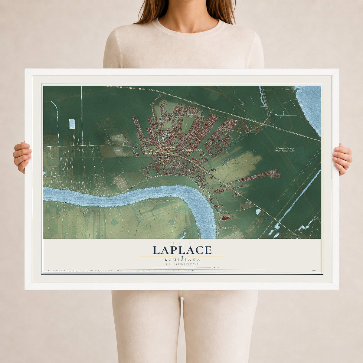 Map of Laplace, Louisiana, 24 x 36 inch print in a white wood frame