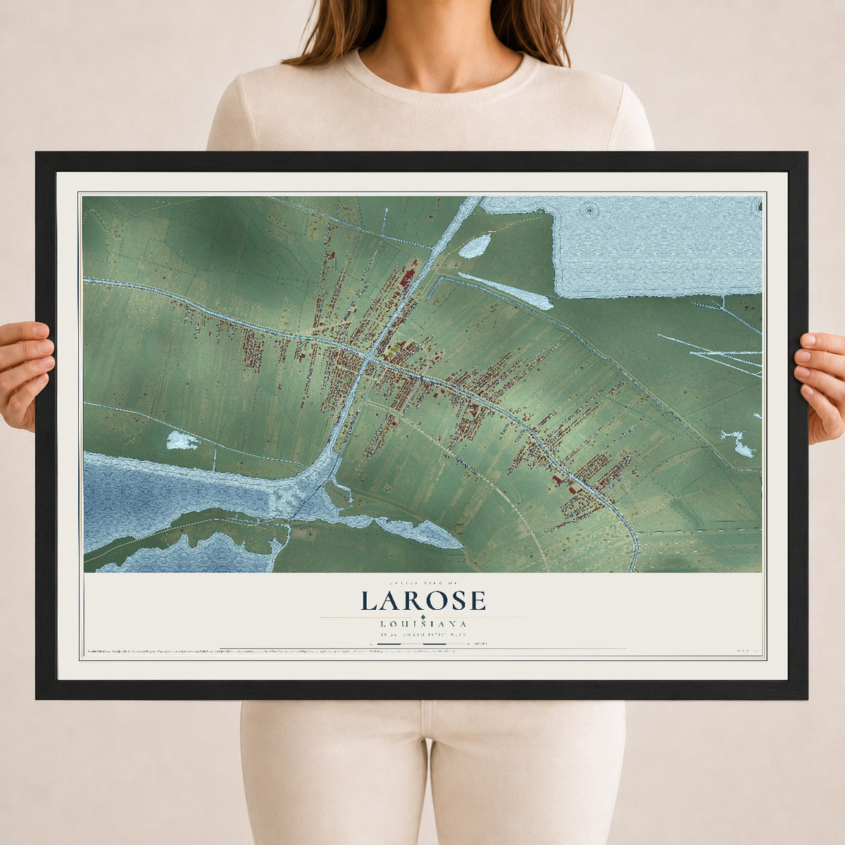 Map of Larose, Louisiana, 18 x 24 inch print in a black wood frame