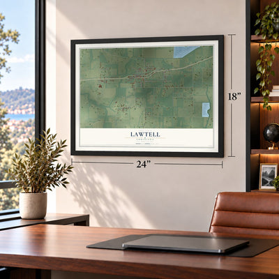Lawtell, Louisiana map, 18 x 24 inch print in a black frame in a home office