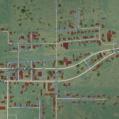 Close-up of the map of Lawtell, Louisiana print showing street and building detail