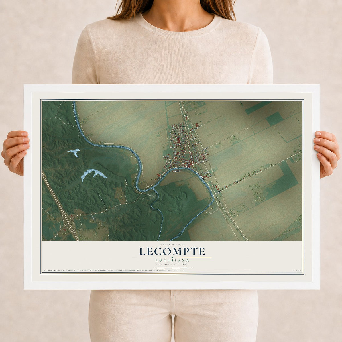 Map of Lecompte, Louisiana, 12 x 18 inch print in a white wood frame
