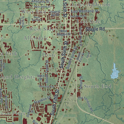 Close-up of the map of Leesville, Louisiana print showing street and building detail