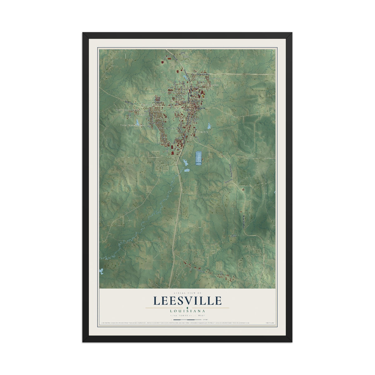 Map of Leesville, Louisiana, 12 x 18 inch print in a black wood frame