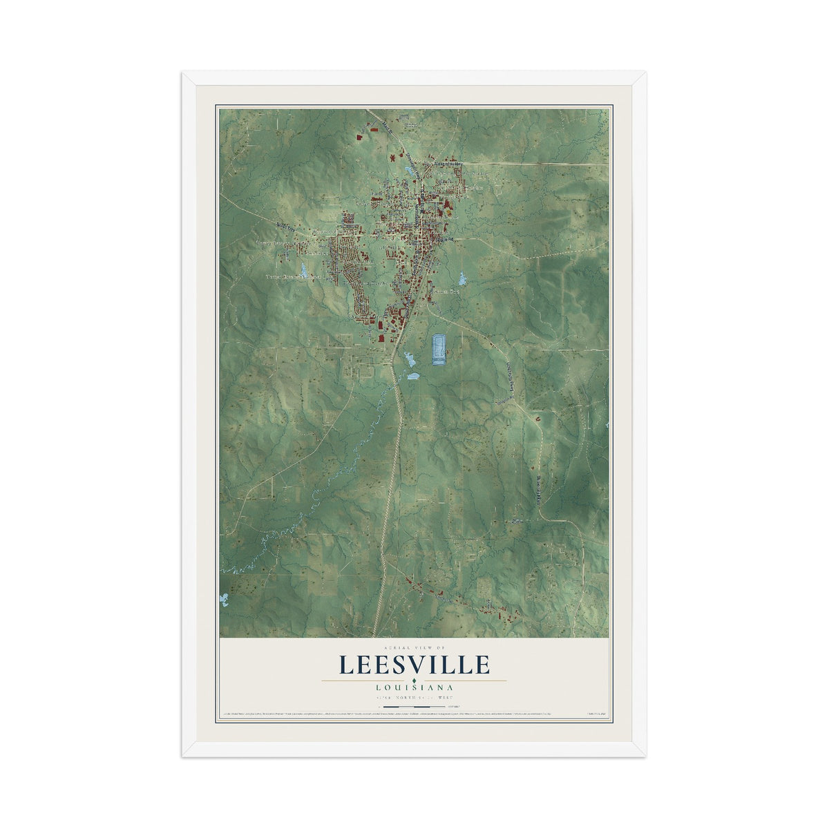 Map of Leesville, Louisiana, 12 x 18 inch print in a white wood frame