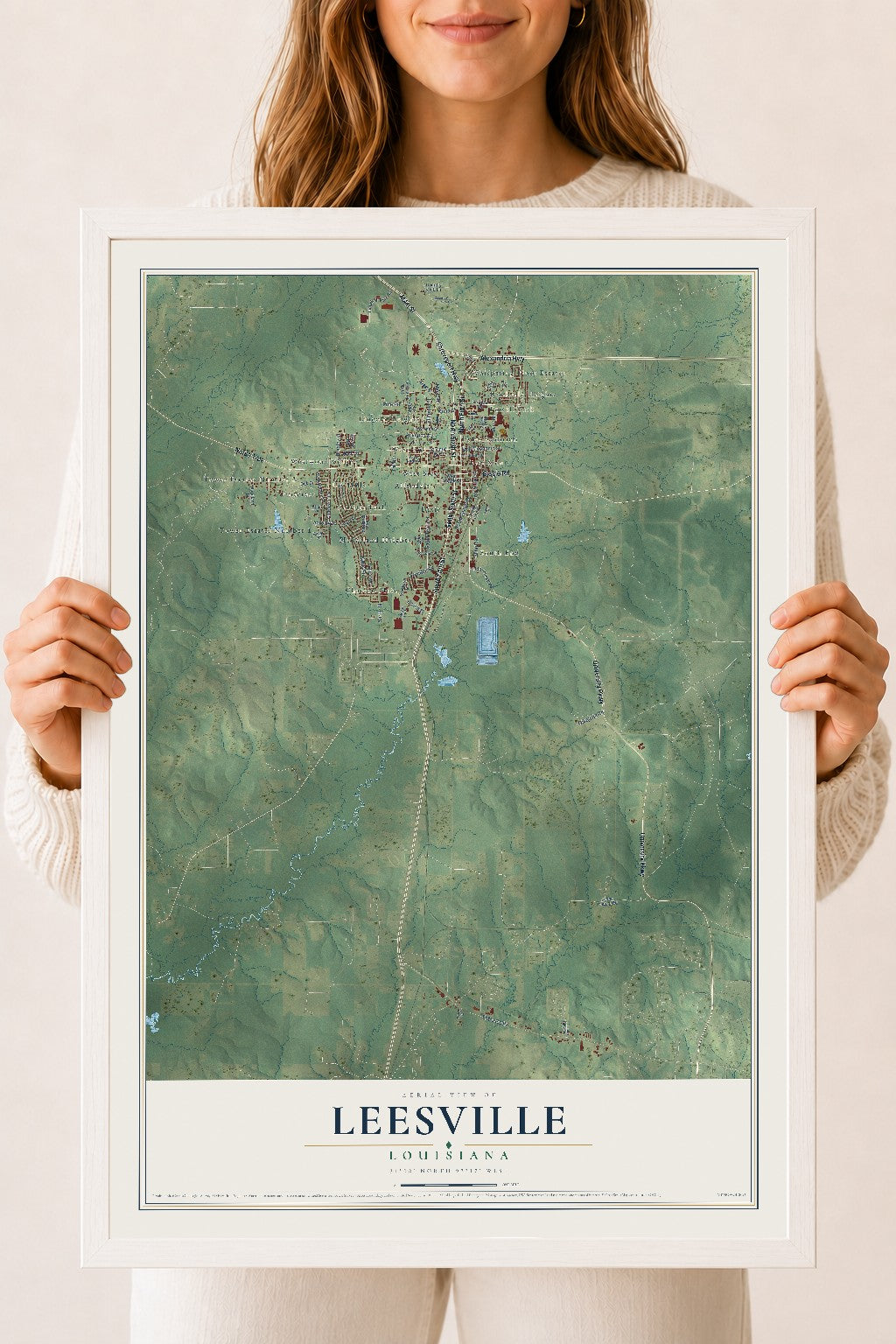 Map of Leesville, Louisiana, 18 x 24 inch print in a white wood frame
