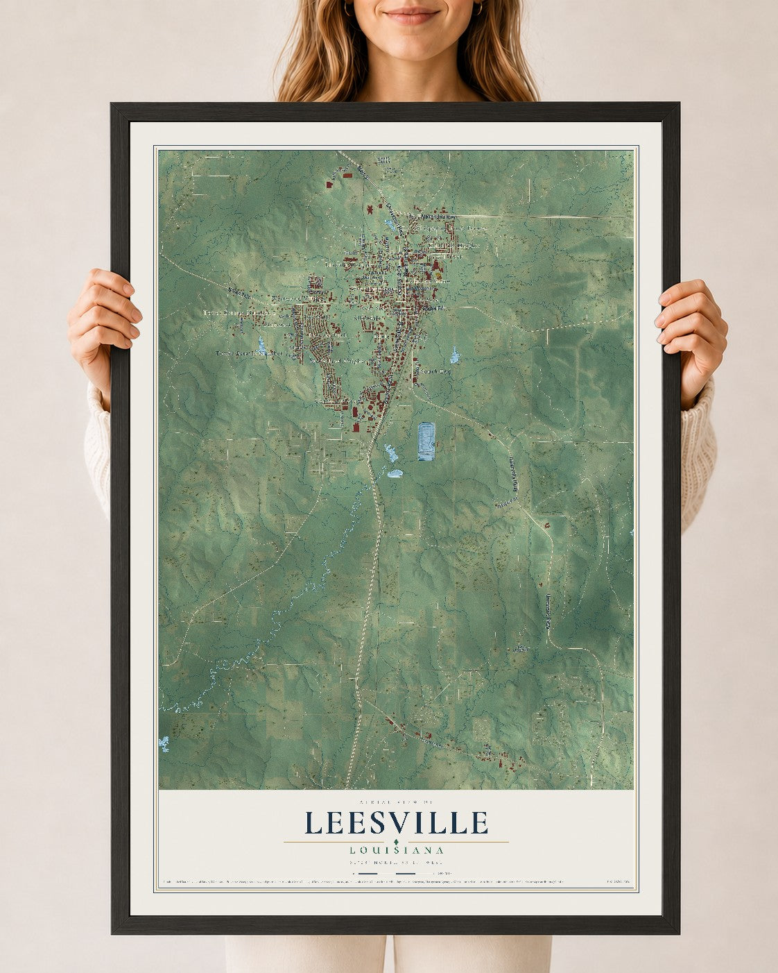 Map of Leesville, Louisiana, 24 x 36 inch print in a black wood frame