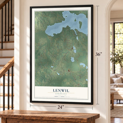 Lenwil, Louisiana map, 24 x 36 inch print in a black frame by a staircase