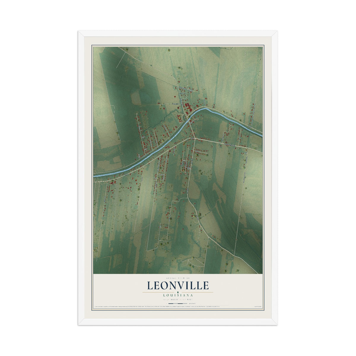 Map of Leonville, Louisiana, 12 x 18 inch print in a white wood frame