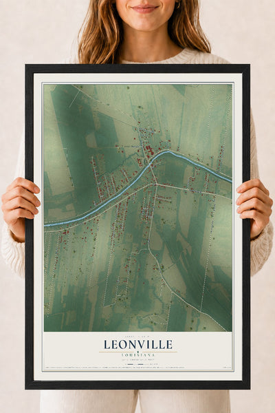Map of Leonville, Louisiana, 18 x 24 inch print in a black wood frame