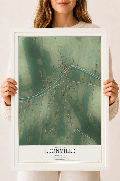 Map of Leonville, Louisiana, 18 x 24 inch print in a white wood frame