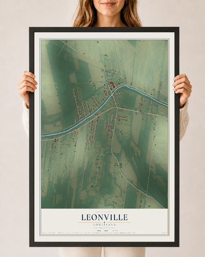 Map of Leonville, Louisiana, 24 x 36 inch print in a black wood frame