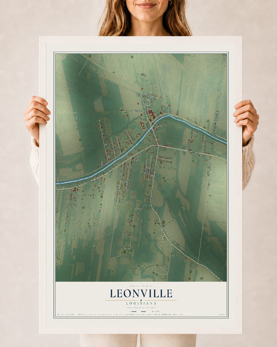 Map of Leonville, Louisiana, 24 x 36 inch print in a white wood frame
