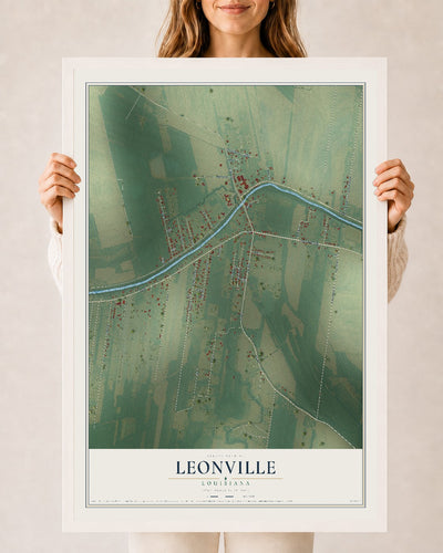 Map of Leonville, Louisiana, 24 x 36 inch print in a white wood frame