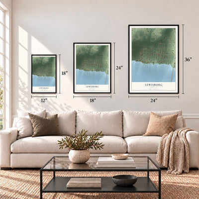 Lewisburg, Louisiana map in 12 x 18, 18 x 24 and 24 x 36 inch sizes above a sofa