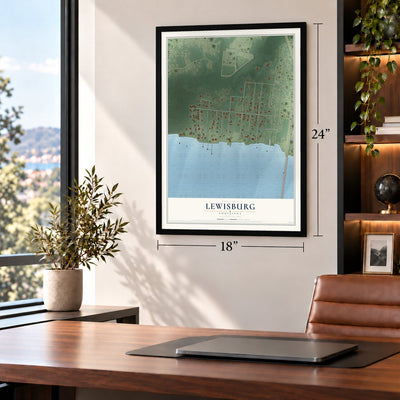 Lewisburg, Louisiana map, 18 x 24 inch print in a black frame in a home office