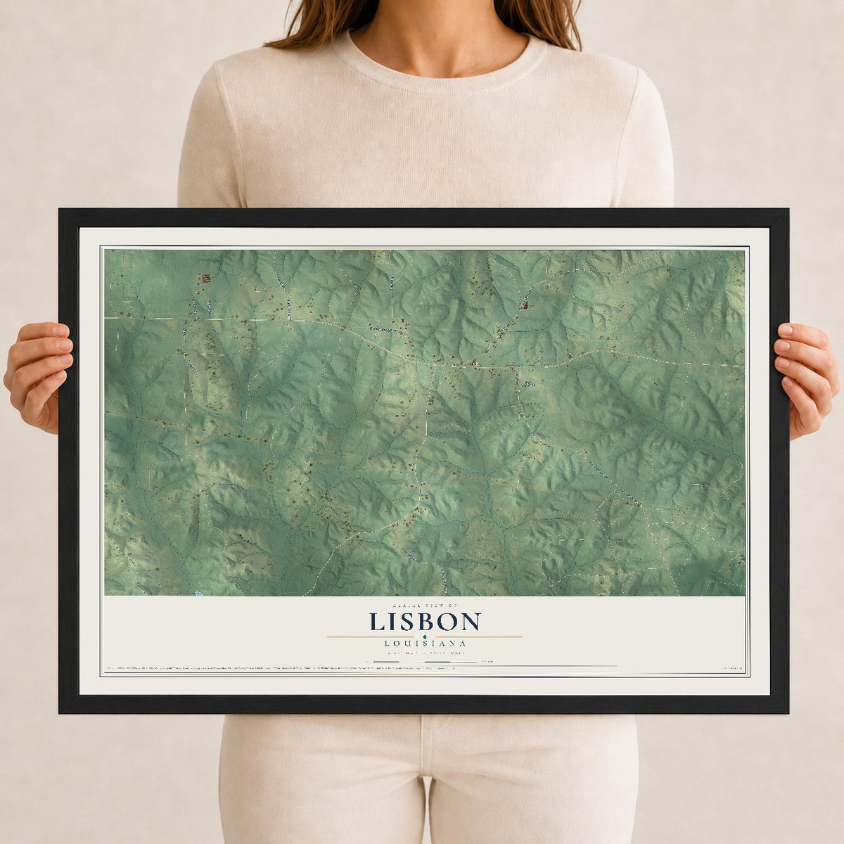 Map of Lisbon, Louisiana, 12 x 18 inch print in a black wood frame