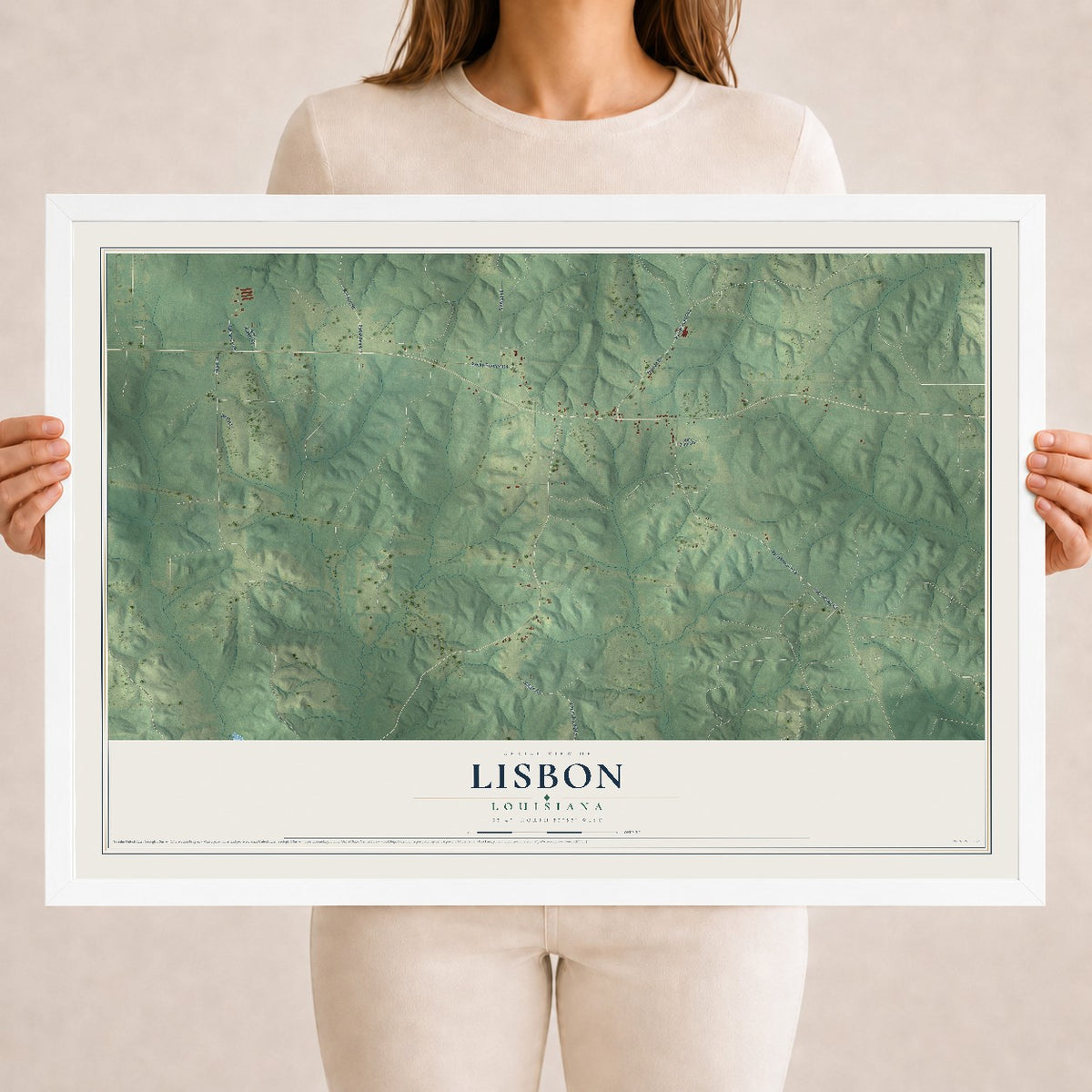 Map of Lisbon, Louisiana, 18 x 24 inch print in a white wood frame