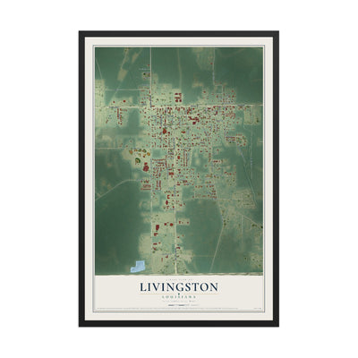 Map of Livingston, Louisiana, 12 x 18 inch print in a black wood frame
