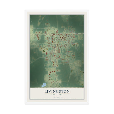 Map of Livingston, Louisiana, 12 x 18 inch print in a white wood frame