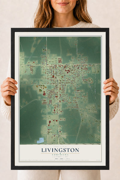 Map of Livingston, Louisiana, 18 x 24 inch print in a black wood frame