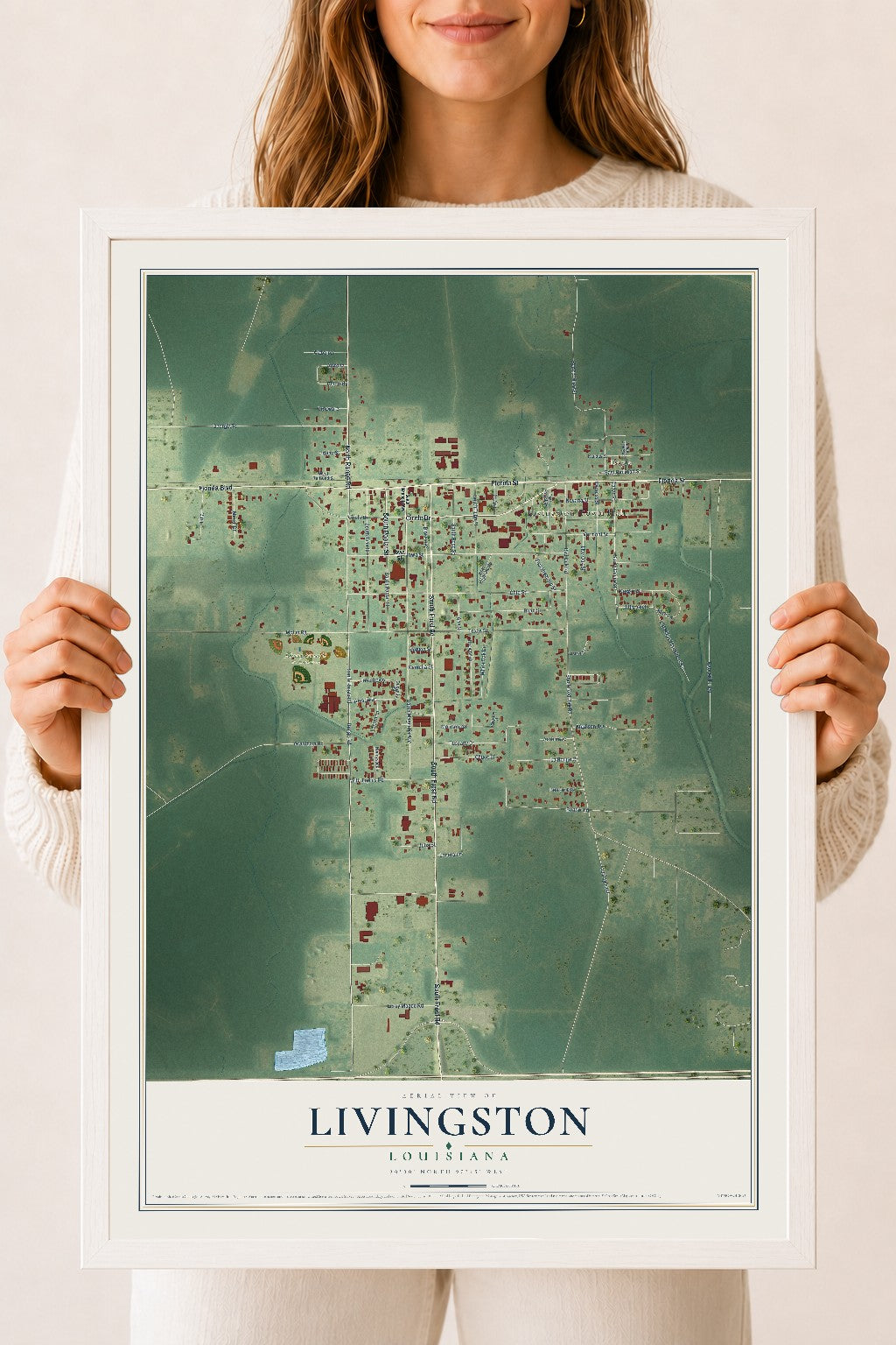 Map of Livingston, Louisiana, 18 x 24 inch print in a white wood frame