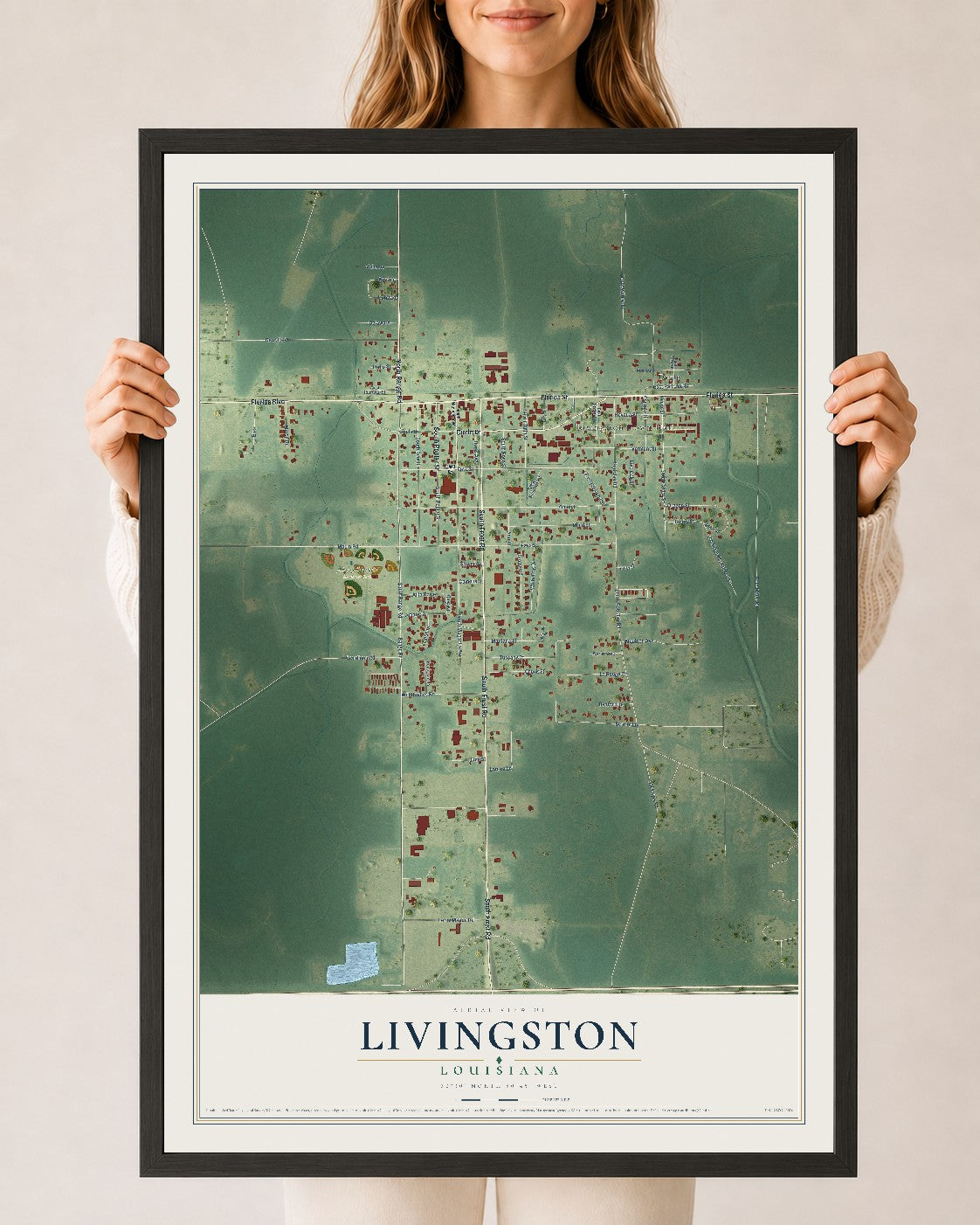 Map of Livingston, Louisiana, 24 x 36 inch print in a black wood frame