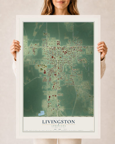 Map of Livingston, Louisiana, 24 x 36 inch print in a white wood frame