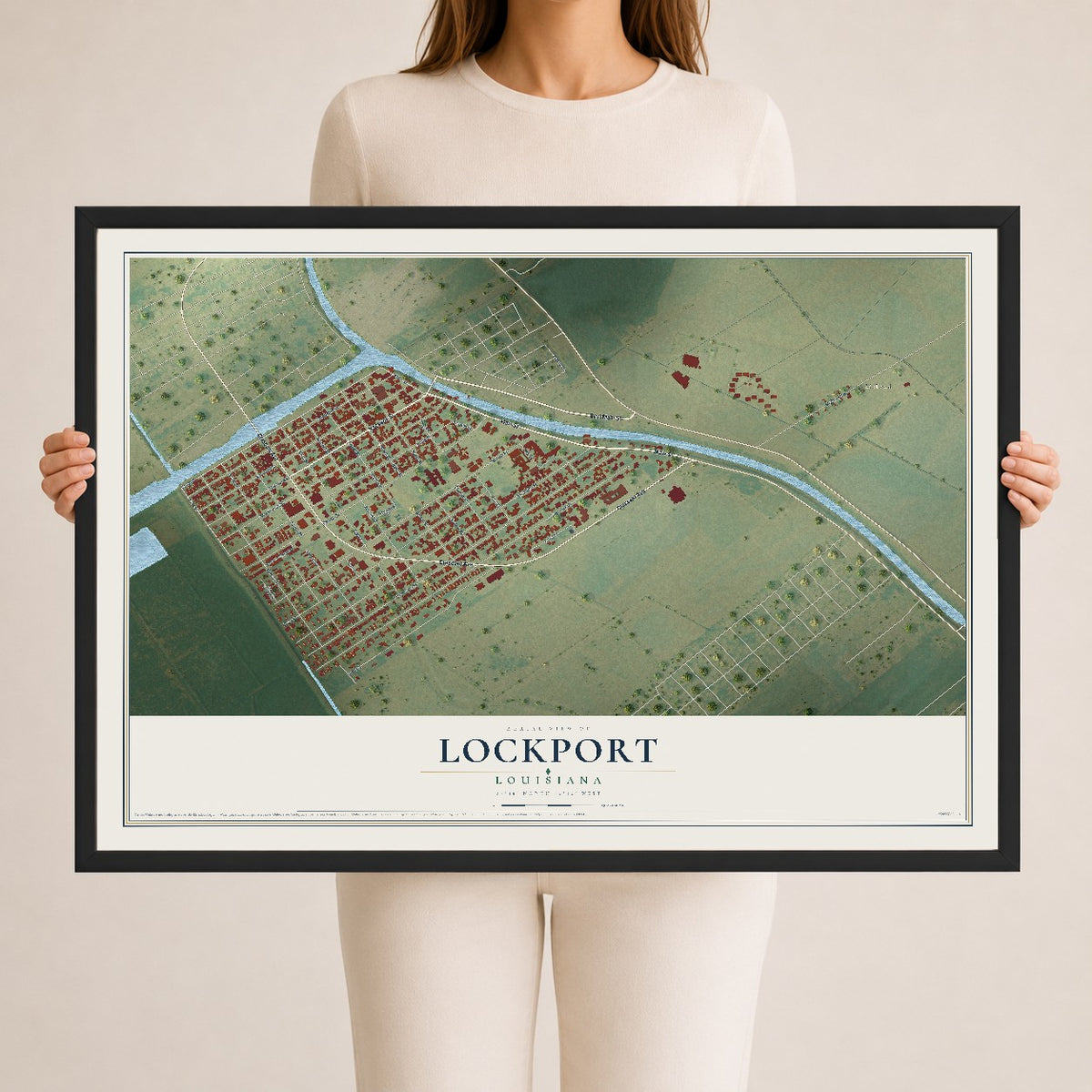 Map of Lockport, Louisiana, 24 x 36 inch print in a black wood frame
