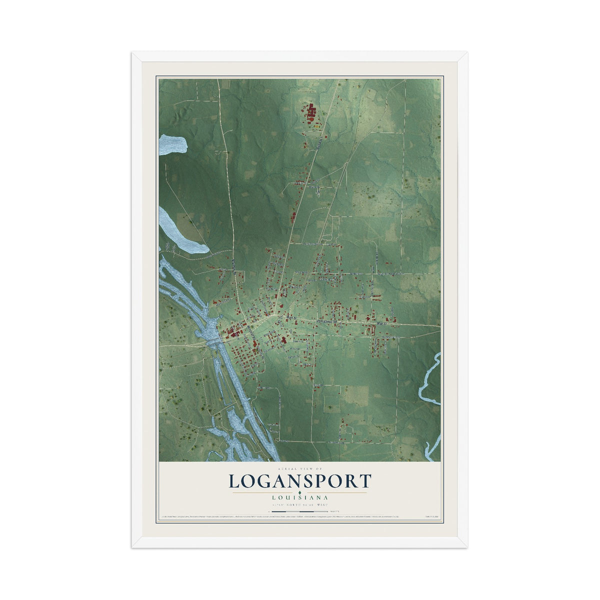 Map of Logansport, Louisiana, 12 x 18 inch print in a white wood frame