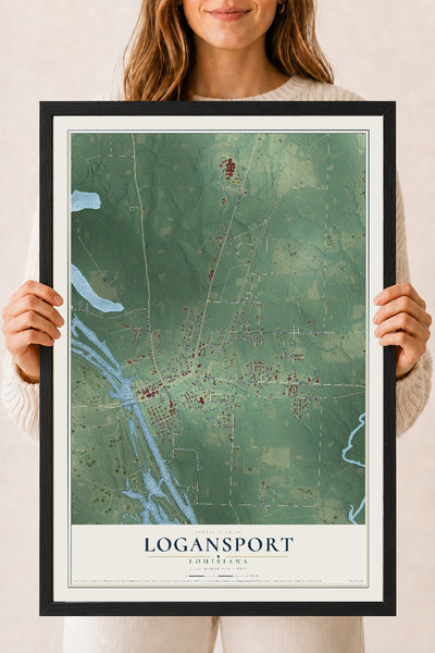 Map of Logansport, Louisiana, 18 x 24 inch print in a black wood frame