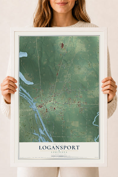 Map of Logansport, Louisiana, 18 x 24 inch print in a white wood frame